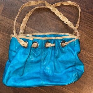 ROBERTA GANDOLFI Aqua Leather Shoulder Handbag Satchel Tote Braided Handles